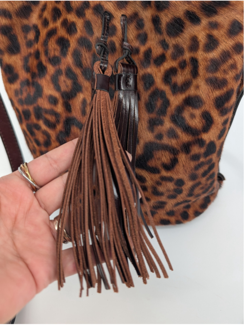 Patricia Nash Torresina Leopard Calf Hair Leather Bucket Bag Crossbody Tassels - Picture 16 of 16